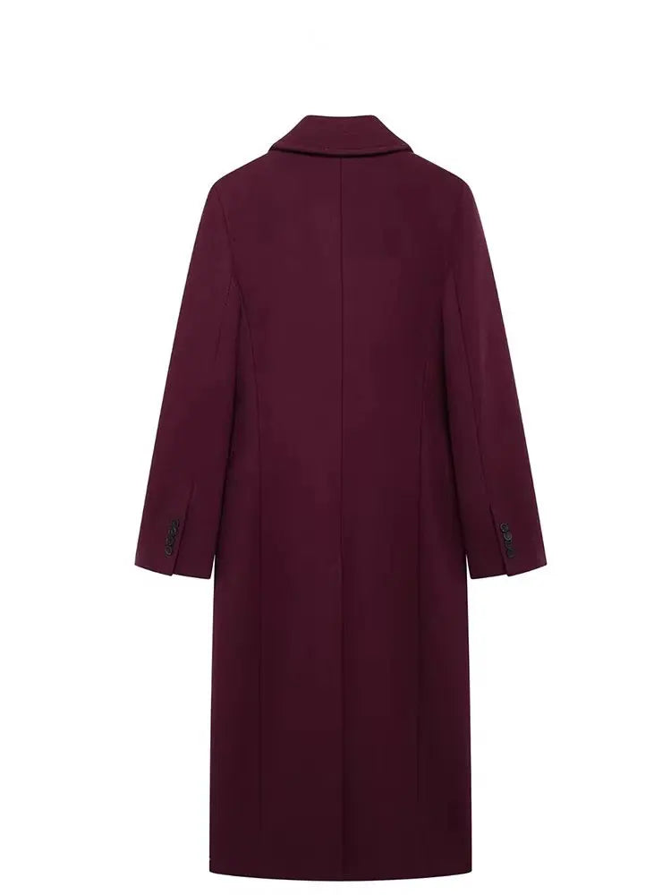 HH Women Fashion Burgundy Coat Double Breasted Long Sleeve Lapel Blends Jacket Autumn Winter High Street Outerwear LadyShow.Store