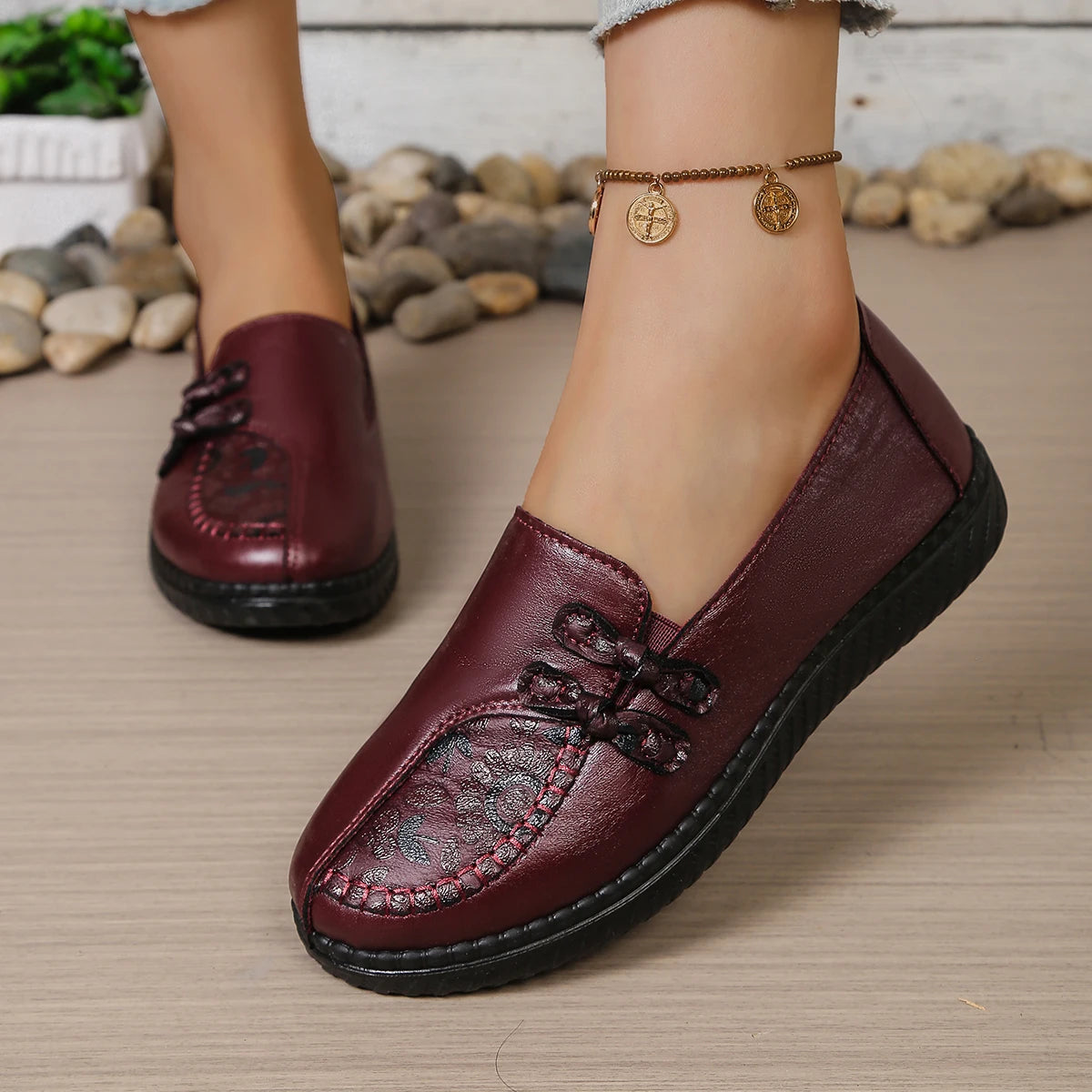 Women's Spring Autumn Leather Loafers Floral Embossed Slip‑On Flats Anti‑Slip Comfort Casual Mom Daily Walking Free Shipping Pi-Mart