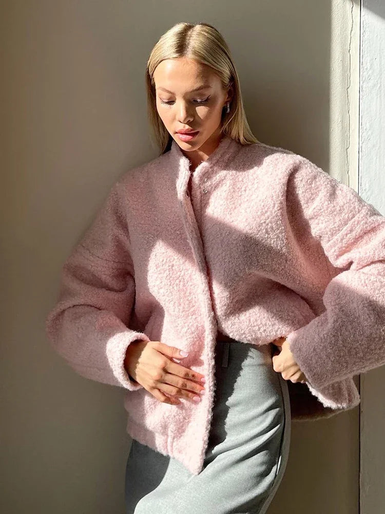 TARUXY Pink Short Fur Jacket Coat For Women Autumn Winter Casual Stand Collar Pocket Loose Fashion Long Sleeve Jacket Top Female LadyShow.Store