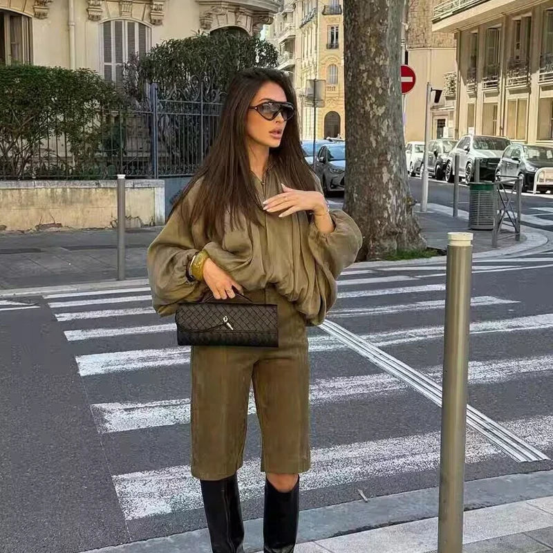 Women's Bomber Jacket Long Sleeve Pleats Street Wear With Zipper Green Beige Vintage Oversize Zip Up Casual Summer Jacket female LadyShow.Store