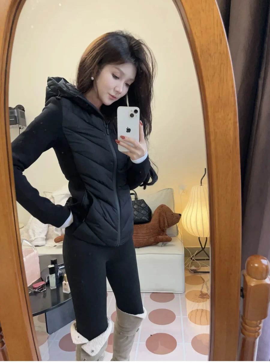 ETJ 2025 new  women's elegant fashion patchwork long sleeve standing collar hooded cotton jacket sport coat 8073227 Pi-Mart