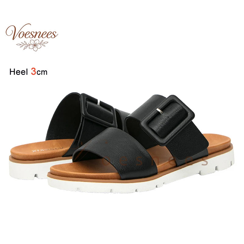 Adjustable Square Buckle Women Slide Sandals Two Strap Platform Slippers Low Heel Soft Sole Summer Open Toe Walking Casual Shoes Pi-Mart