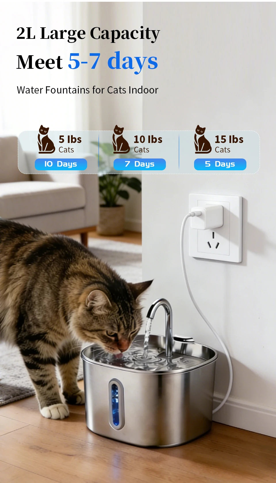 Large Capacity Cat Water Fountain Stainless Steel Automatic Pet Drinking Fountain for Indoor Cats Dogs Quiet Cat Water Dispener Pi-Mart