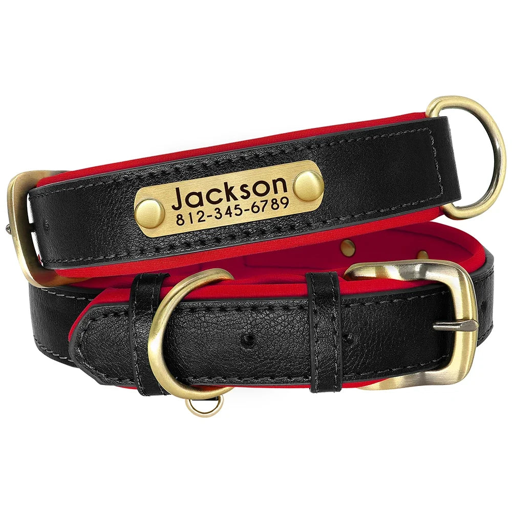 Customized PU Leather Nameplate Dog Collar Soft Padded Dogs Collars Free Engraving Name for Small Medium Large Dogs Adjustable LadyShow.Store