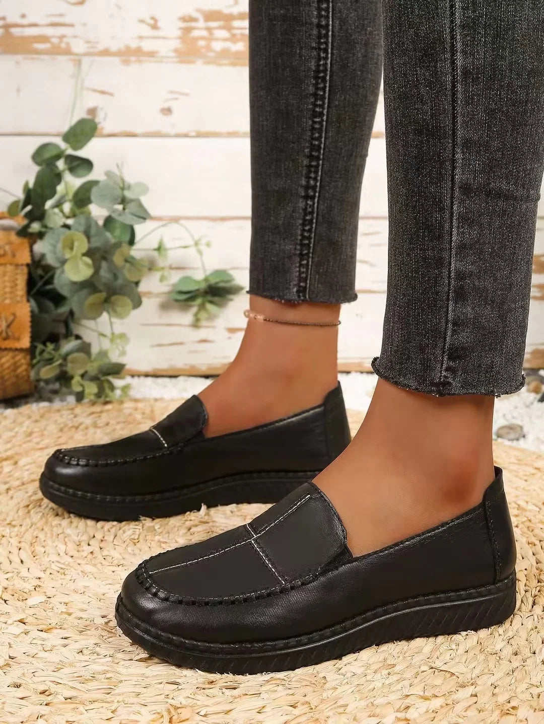 Women's Spring Autumn Leather Loafers Floral Embossed Slip‑On Flats Anti‑Slip Comfort Casual Mom Daily Walking Free Shipping Pi-Mart