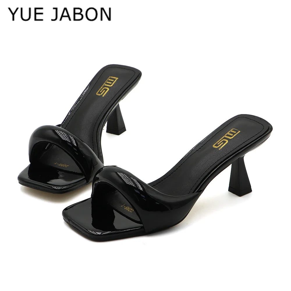 Black Red High Heel Slippers Women Open Toe Slingback Sandals Female Pumps Square Toe Summer Simple Designer Heeled Sandals LadyShow.Store