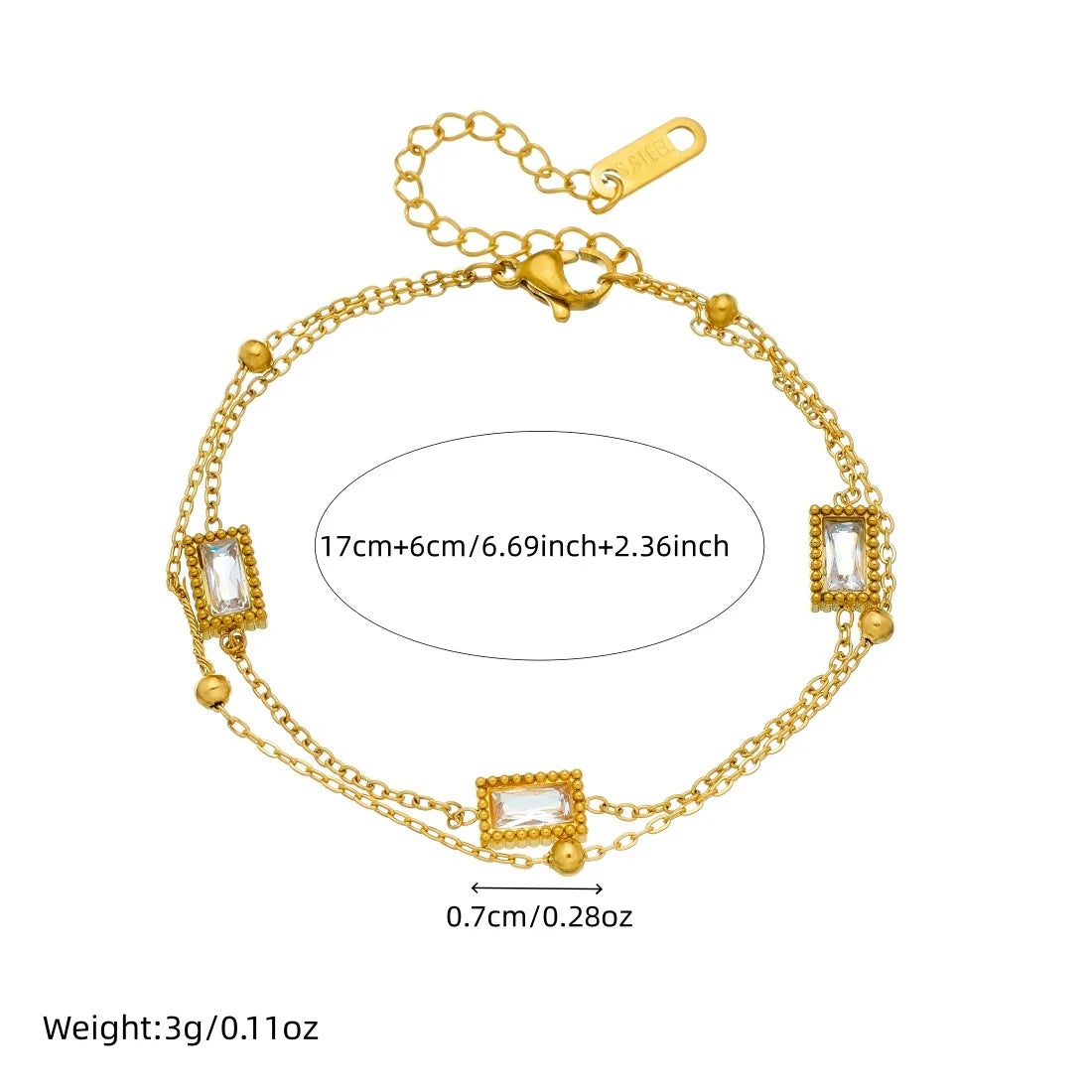 MEYRROYU 316L Stainless Steel White Zircon Inlay Cuboid Series Design Double-Layer Bracelet Women Classic Classy Hand Chain Gift Pi-Mart