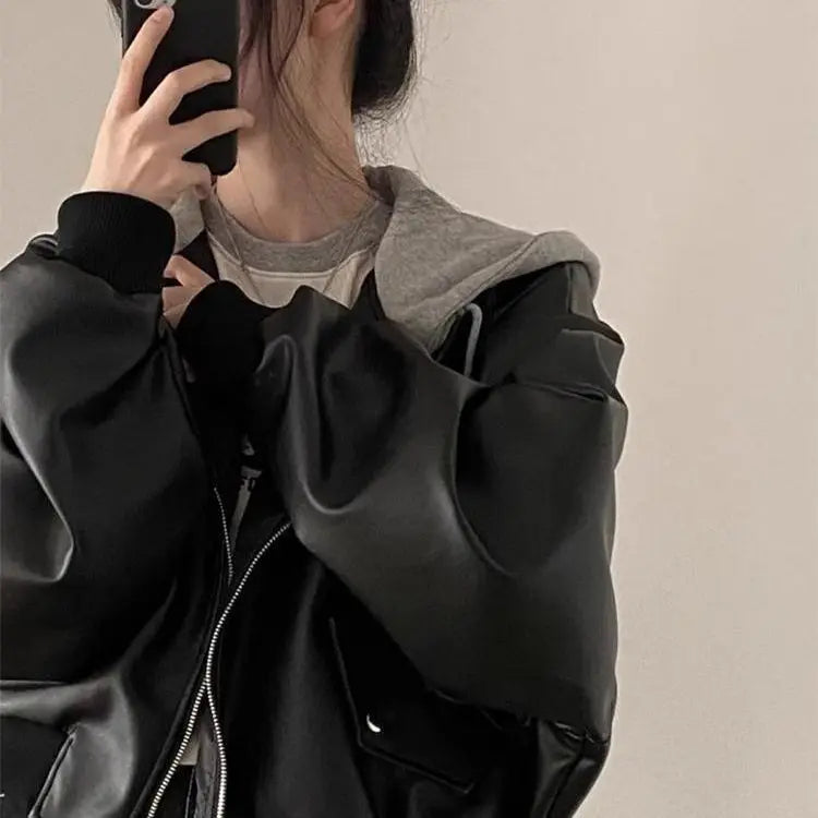 Korean High-end Black PU Leather Jacket Women Fashion Hooded Loose Spring Autumn Zipper Fake Two-Piece Versatile Outerwear LadyShow.Store