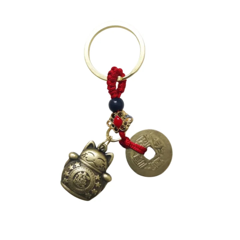 1Pc Vintage Handmade Lucky Cat Keychain Five Emperors Feng Shui Coins Key Ring Car Pendant Lucky Ornament Gift Pi-Mart