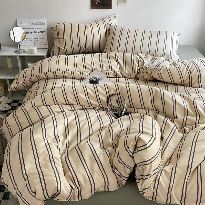 Stripe Bedding Comforter Set with Pillowcase bed sheet Single Full Size Bed Linen Duvet Cover Set Queen/King Double Single Bed LadyShow.Store