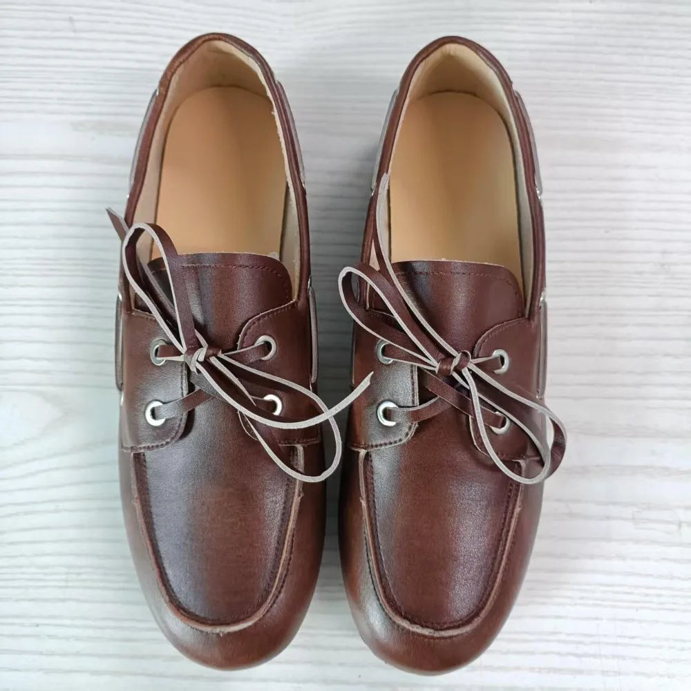 Leather Shoes for Women 2026 Spring and Autumn Sheepskin Worn Dirty Tied Soft Soled Loafer Shoes Retro One Foot Women's Shoe Pi-Mart