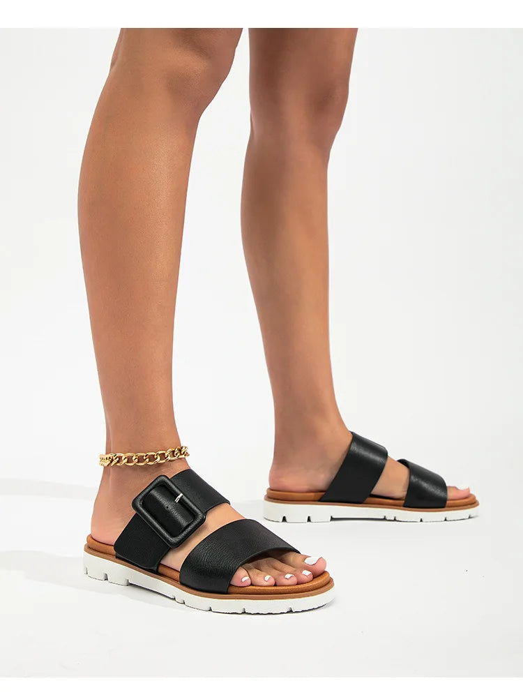 Adjustable Square Buckle Women Slide Sandals Two Strap Platform Slippers Low Heel Soft Sole Summer Open Toe Walking Casual Shoes Pi-Mart