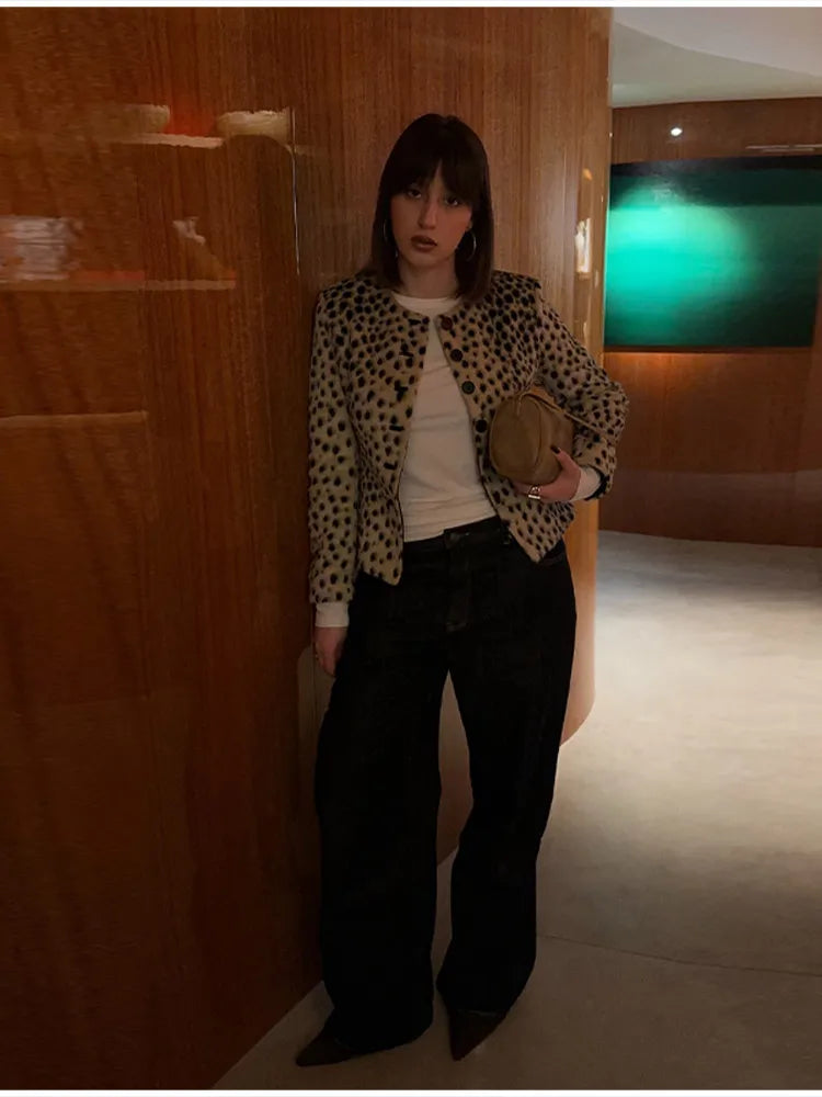 Retro Leopard Faux Fur Short Coat Lady Chic O-neck Single Button Placket Spotted Dot Cropped Long Sleeve Outerwear Street Jacket Pi-Mart