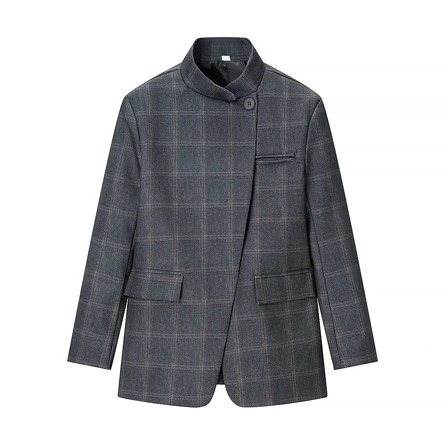 HH Women Fashion Plaid Blazer Coat Stand Collar Long Sleeve Jacket 2026 Spring Trend Casual Office Lady Chic Outerwear LadyShow.Store