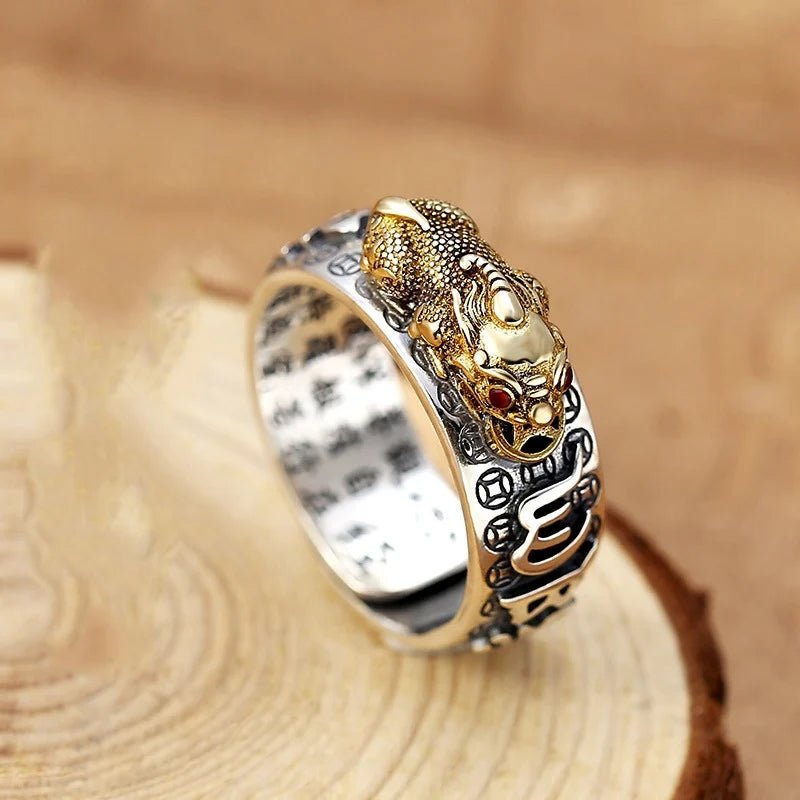 Chinese Feng Shui Pixiu Ring Silver Plated Copper Coins Adjustable Rings for Women Men Amulet Wealth Lucky Jewelry Birthday Gift Pi-Mart