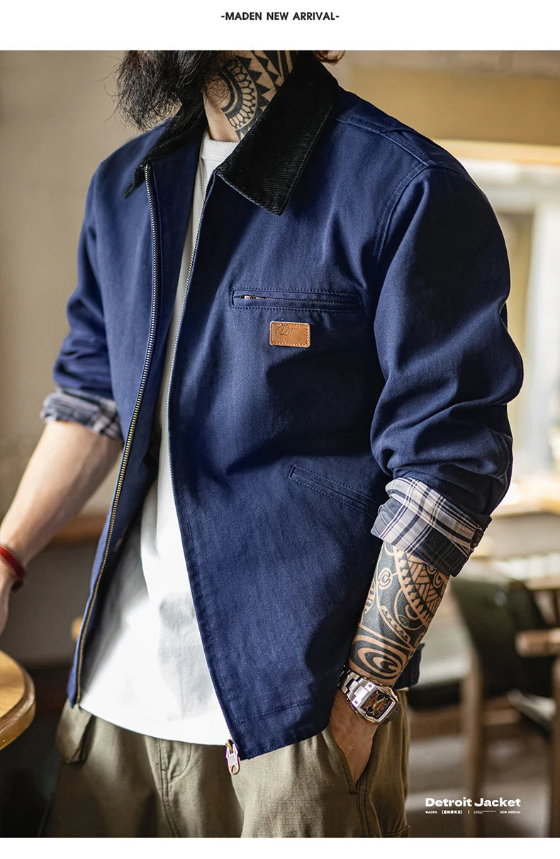 Maden Men's Retro J001 Detroit Jacket Heavyweight Canvas Hunting Coat Lapel Collar Work Jackets with Zipper for Spring Fall Pi-Mart