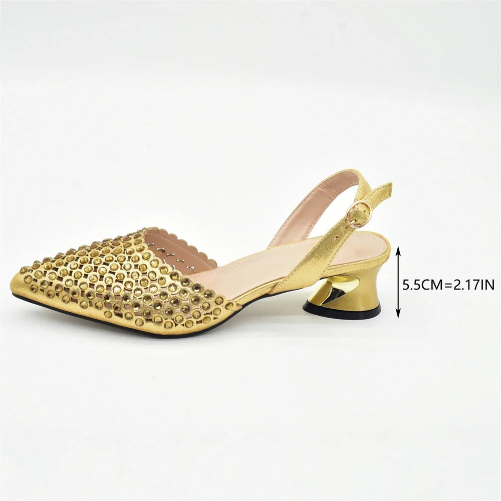 New Fashion Gold Color Shoes and Bags To Match Set Nigeria Party Women's Wedding Bag and Shoe Set Decorated with Rhinestone LadyShow.Store