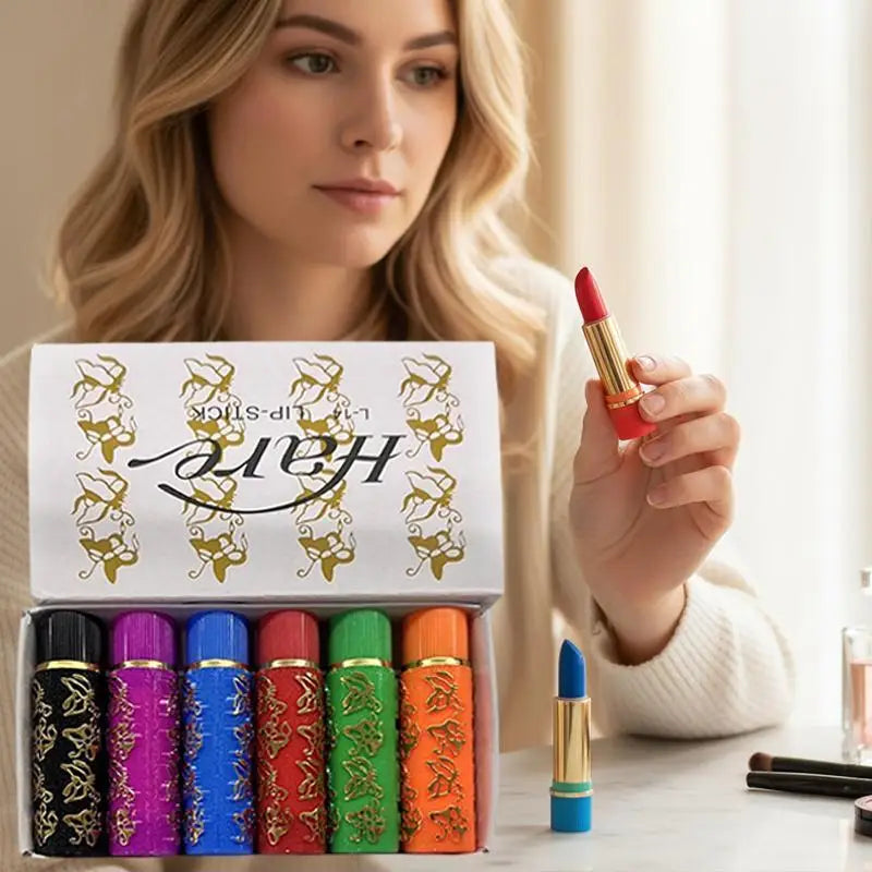 6PCS/Box Lipstick Dark Green Magic Lipgloss Lipstick Long Lasting Waterproof Butterfly Lip Tint Cosmetics Makeup Maquiagem Tri Light Beauty