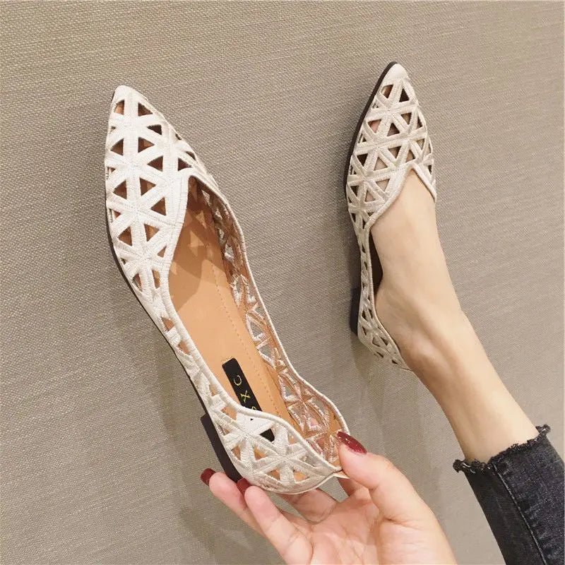 Flat Shoes Women 2026 Summer Pointy Joker Hollow Leisure Commuter Flat Spring Elegant Women's Shoes Breathable Hole Shoes Pi-Mart