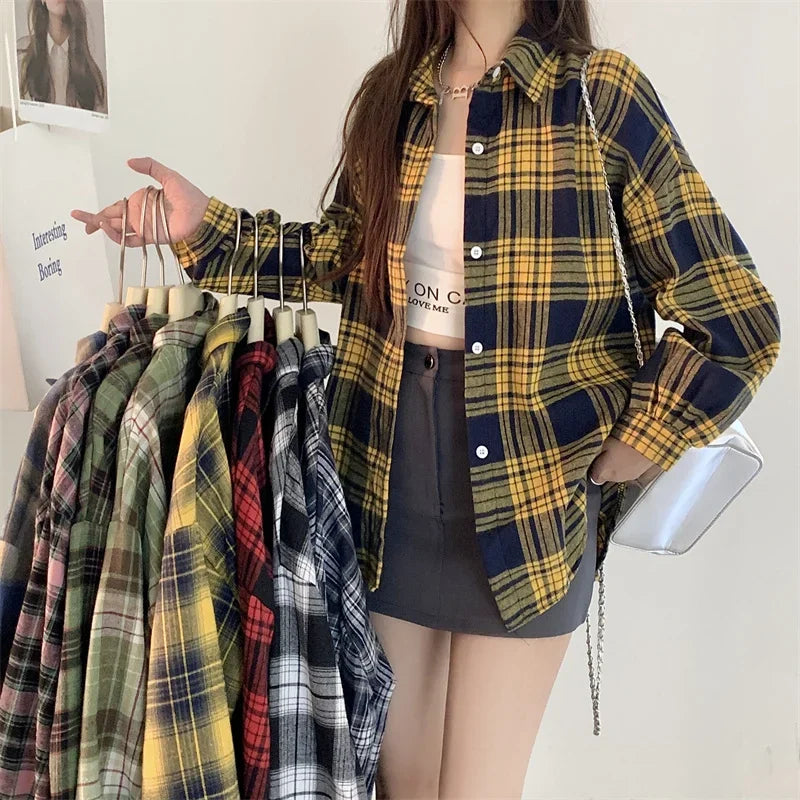 Black Flannel Shirt for Women Long Sleeve Collared Button-Up Tartan Plaid Shirt Jacket  Teen-girl Casual Everyday Outfit LadyShow.Store