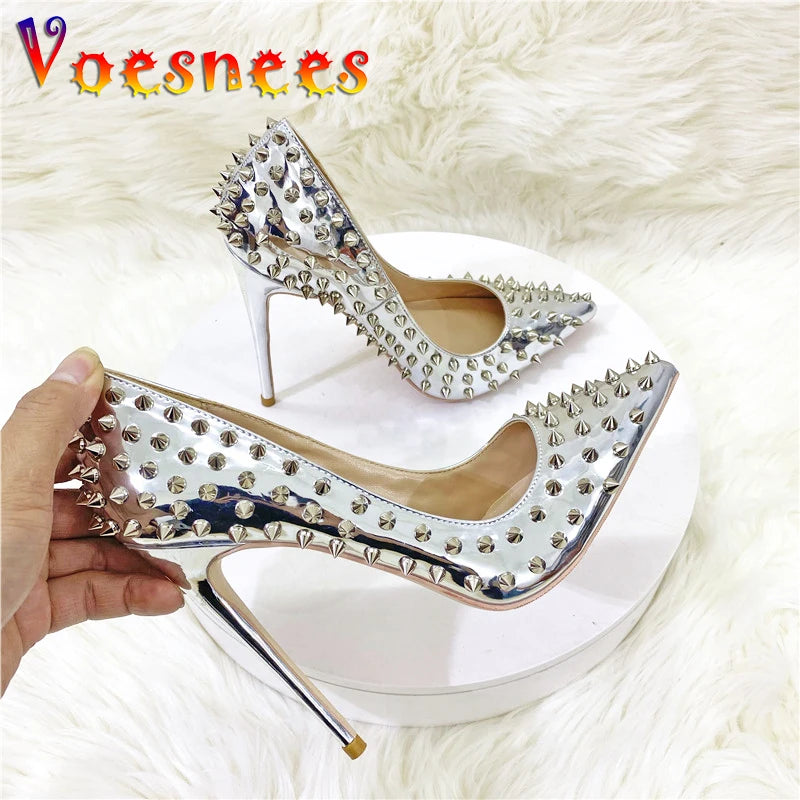 Women New Rivet High Heels 12CM Fashion Pointed Toe Party Single Shoes Europe And America Club Stage Pumps Silver Plus Size 43 Pi-Mart