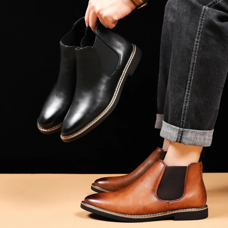 YRZL 39~47 Men Chelsea Boots Brand Retro Comfortable PU Leather Ankle Boots Men 2025 Fashion Black Brown Mens Boots Pi-Mart