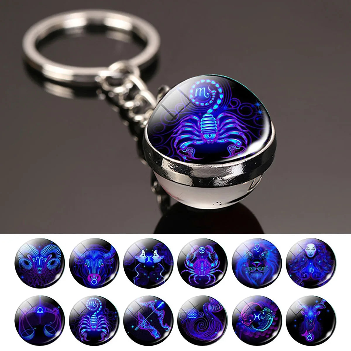 12 Constellation Key Chain Luminous Double Sided Glass Ball Pendant 12 Zodiac Key Chain Fashion Birthday Gift for Men and Women Pi-Mart