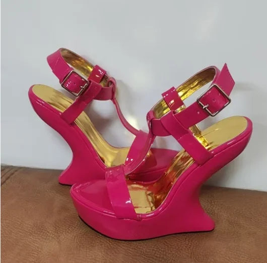 Strange Style Heel Women Novelty Shoes Metallic Leather Fashion High Heels Slingback T-Tied Mixed Color Summer Sandals LadyShow.Store