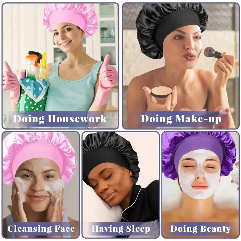 1pcs Soft Silk Satin Lined Bonnet Large Satin Hair Bonnet Household Sleep Shower Cap Hair Wrap Cover for Long Hair Salon Tool Tri Light Beauty