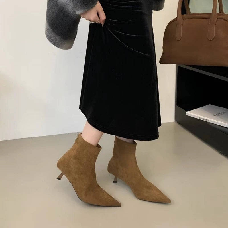 SUOJIALUN 2024 Winter New Brand Women Short Boots Fashion Pointed Toe Ladies Elegant Ankle Boots Thin High Heel Dress Pumps Shoe Pi-Mart