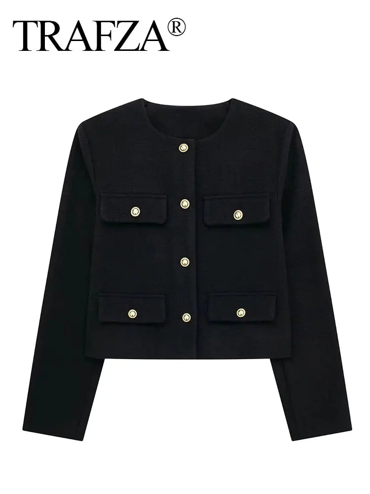 HH Women Vintage Solid Coat Button Long Sleeve O Neck Jacket With Pocket 2024 Spring Elegant Female Casual Outerwear Jakcet LadyShow.Store