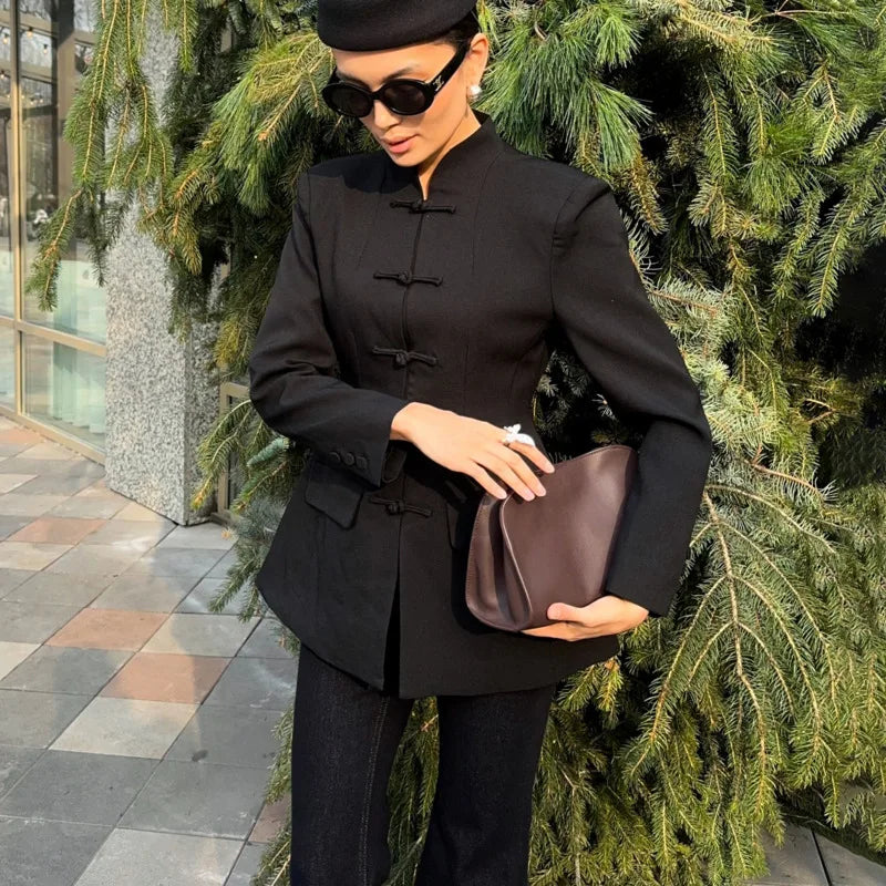 BJTZ Women Mandarin Collar Blazer Long Sleeve Frog Button Front Slim Fit Suit Jacket Casual Office Streetwear Elegant Outerwear LadyShow.Store