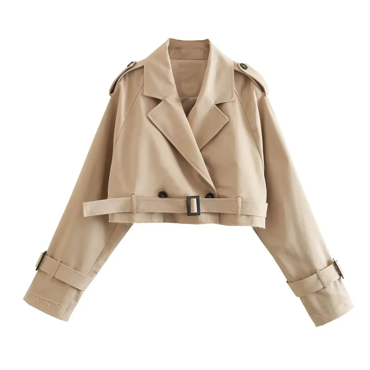 2024 Belt Cropped Trench Spring Jacket Women Vintage Streetwear Double Breasted Long Sleeve Top Female Coat Outfits LadyShow.Store