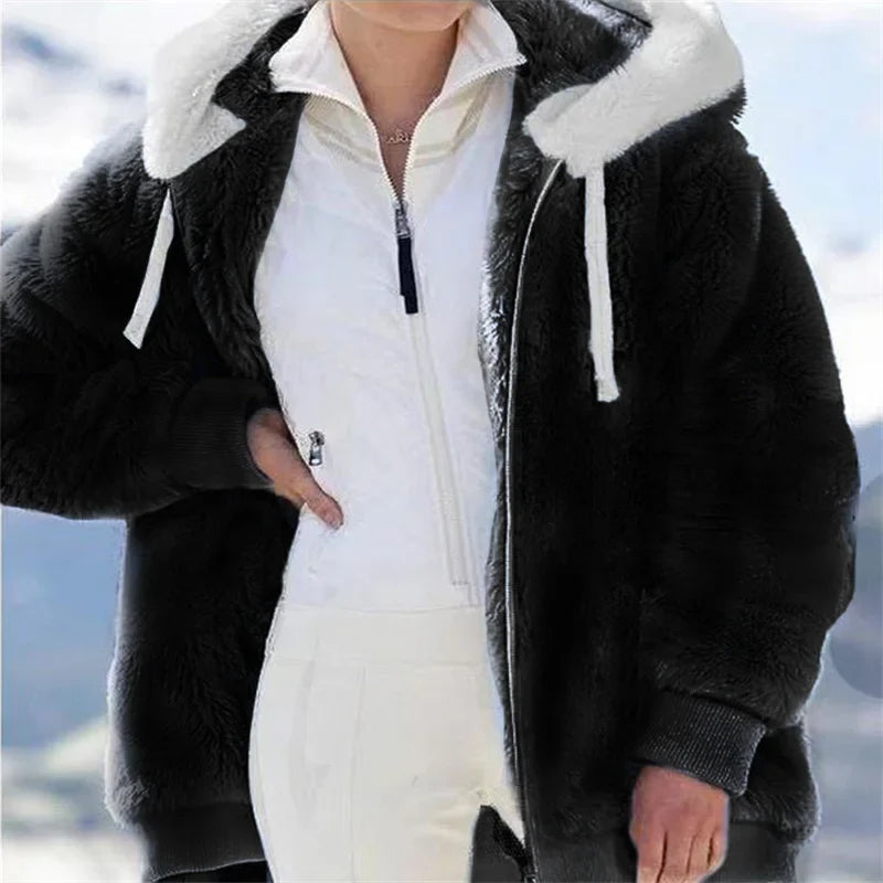Women Winter Warm Faux Fur Jacket Plush Coat New Casual Hooded Fashion Zipper Soft Fleece Cashmere Jackets Female Thick Clothing LadyShow.Store