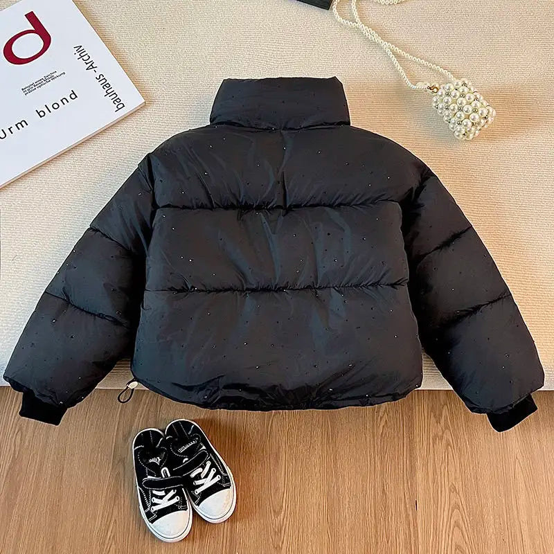 2025 Winter Girls Rhinestone Puffer Jacket Korean Star-Studded Fashion Coat Glitter Zip-Up Quilted Down Jacket LadyShow.Store