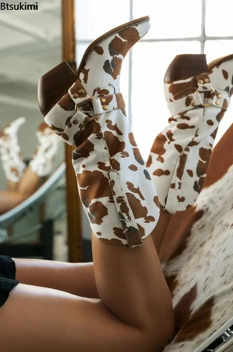 New 2026 Women's Western Cowboy Boots Flock Cow Print Chunky Heel Pointer Toe Western Boots Casual Female Boots Botas Femininas Pi-Mart