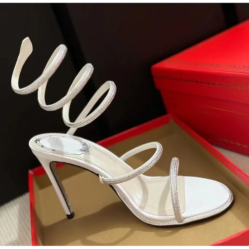 Fashion Summer Snake Twine Around Crystal Women Sandals Luxury Rhinestones Thin High heels Gladiator Sandals  Party Prom Shoes Pi-Mart