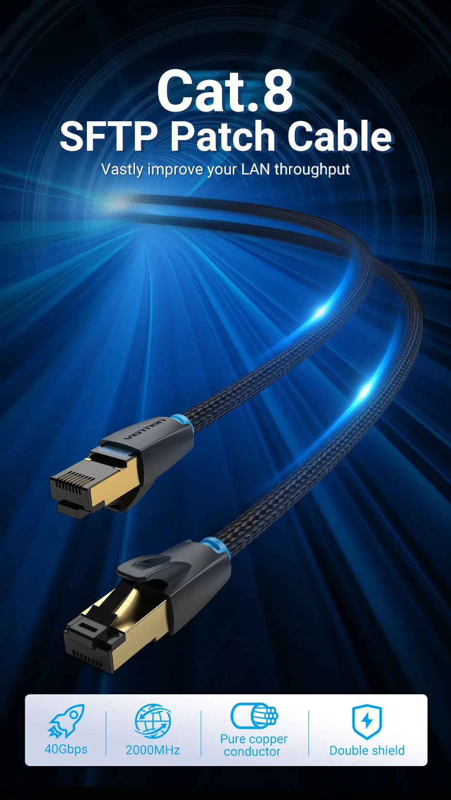 Vention CAT8 Ethernet Cable 40Gbps 2000MHz CAT 8 Networking Cotton Braided Internet Lan Cord for Laptops PS 5 Router RJ45 Cable Pi-Mart