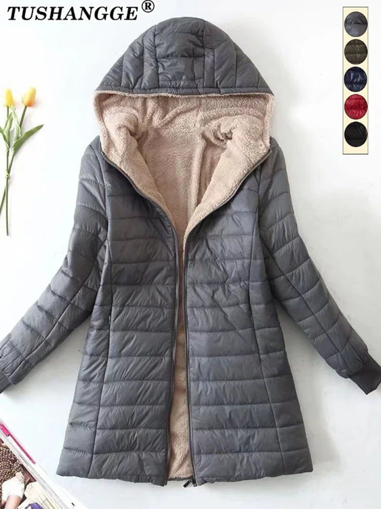 New Mid Length Korean Edition Hooded Fit Women Jackets Autumn Winter Mid-length Office Cotton Coats Warm Lamb Fleece Parkas LadyShow.Store