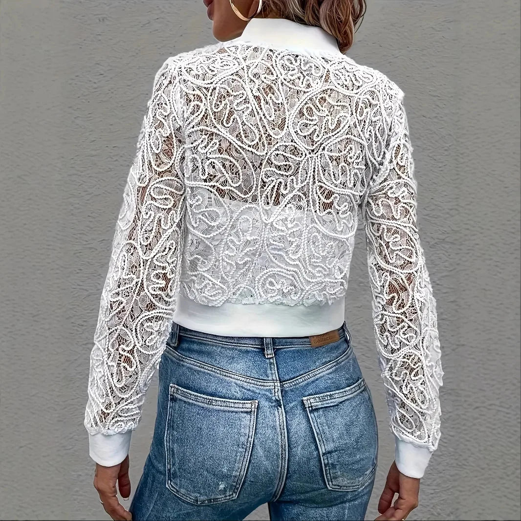 European and American style white lace zipper short coat fashionable hollow slim cardigan top, new in spring and autumn LadyShow.Store