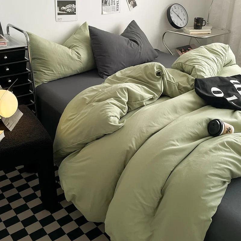 Washed Cotton Bed Linen Bedding Set 4 Pieces Bed Sheets Set Solid Color Comforter Cover Couple Queen King Size Bed Quilt Cover LadyShow.Store
