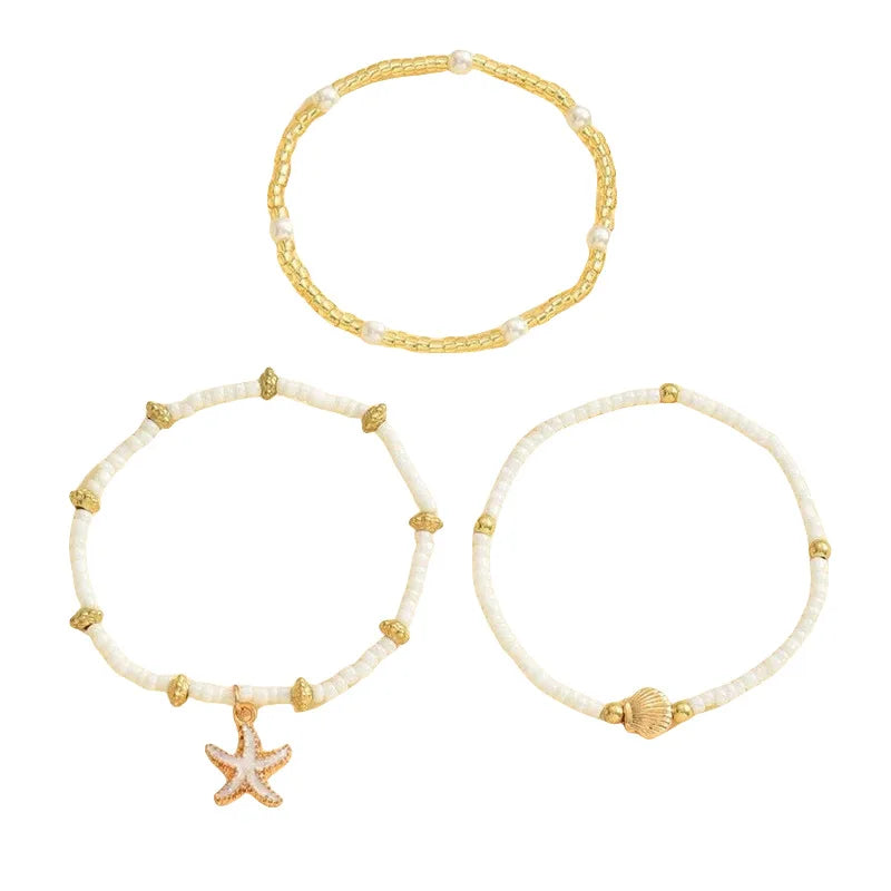 Summer Bohemian Style Starfish Shell Millet Bead Ankle Chain Three-Layer Set Beachy Elegant Foot Jewelry Accessory Pi-Mart