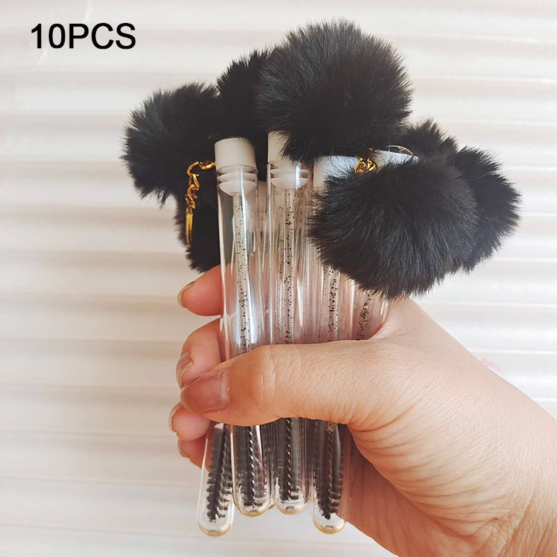 10pcs Eyelash Eyebrow Brush With Hairball Keychain Mascara Wand Reusable Lash Extension Clear Micro Comb Container Makeup Tool Pi-Mart