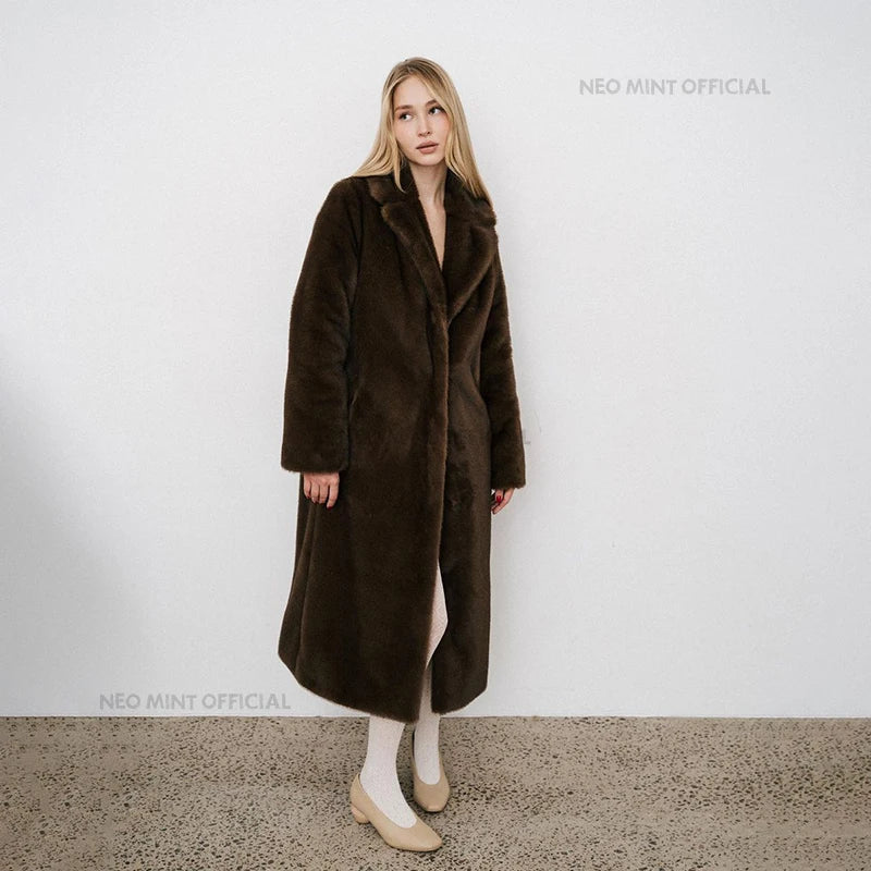 Neo Mint 2024 Winter Luxury Faux Mink Fur Coat Women Iconic Brand Long Outerwear Jacket Crystal Hooks Street Style Warm Overcoat LadyShow.Store