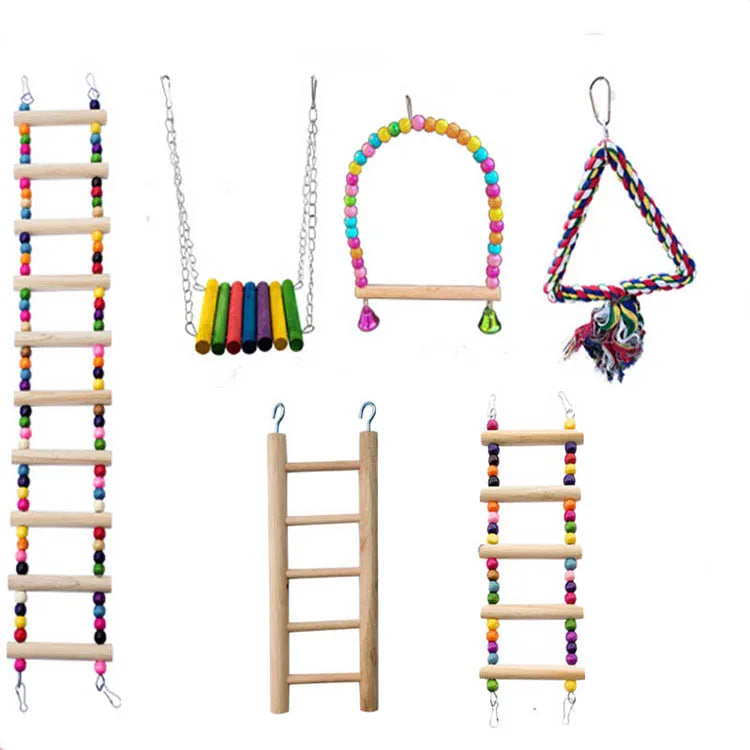 Wooden Bird Toys Small Parrot Chewing Training Toys Cotton Rope Swing Hanging Ring Bell Bird Cage Climbing Ladders Pet Supplies Pi-Mart