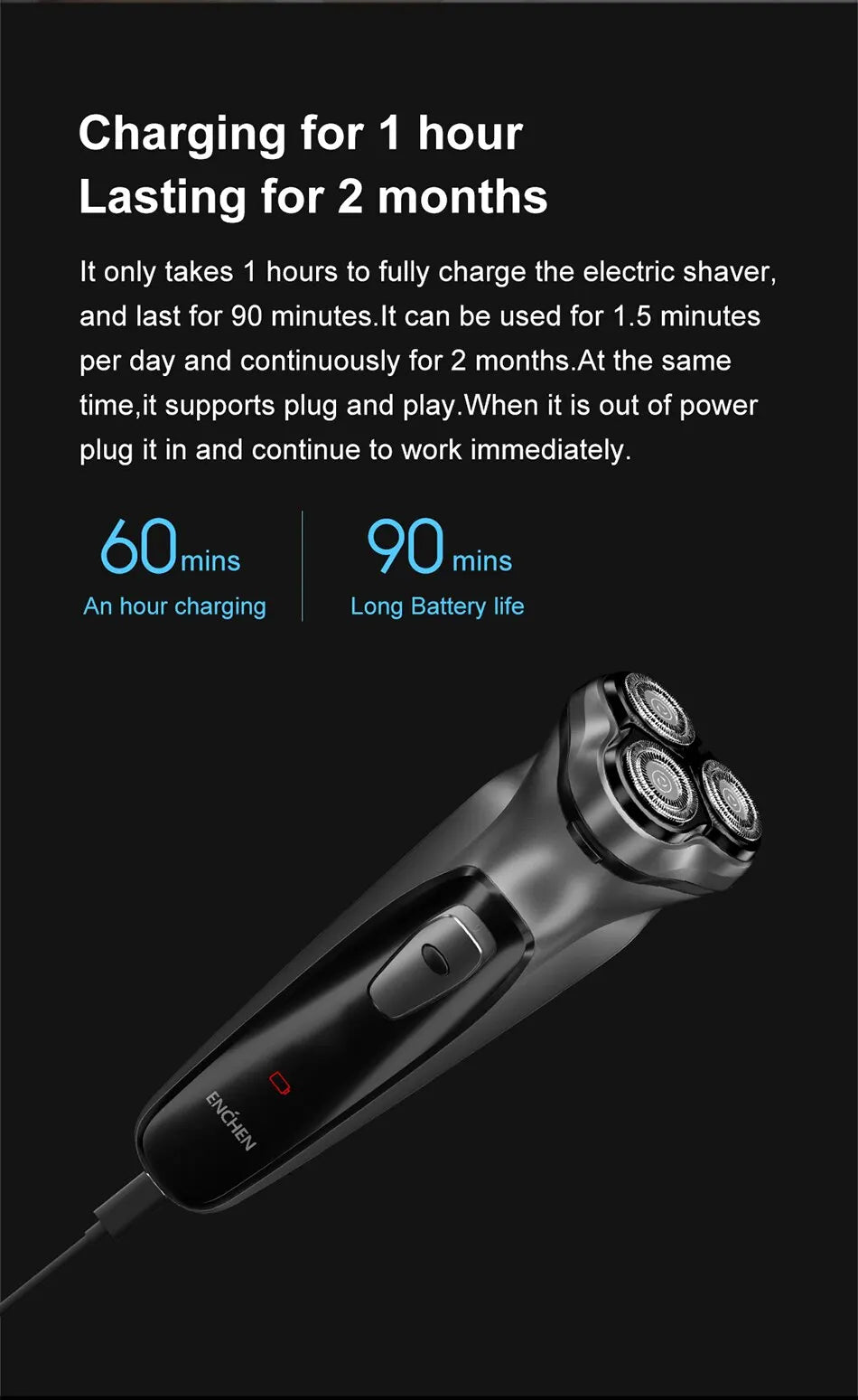 Blackstone USB Rechargeable Rotary Shaver for Men 3D Floating Blade Washable Beard Shaving Machine Electrical Facial Hair Trimme Pi-Mart