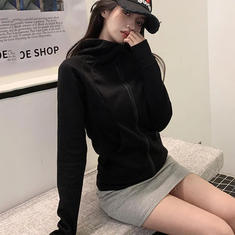Gray Zipper Hooded Sweatshirt Women 2025 New Korean Slim Fit Cardigan Long Sleeve Coat Woman Solid Pockets Sports Hoodies Jacket LadyShow.Store
