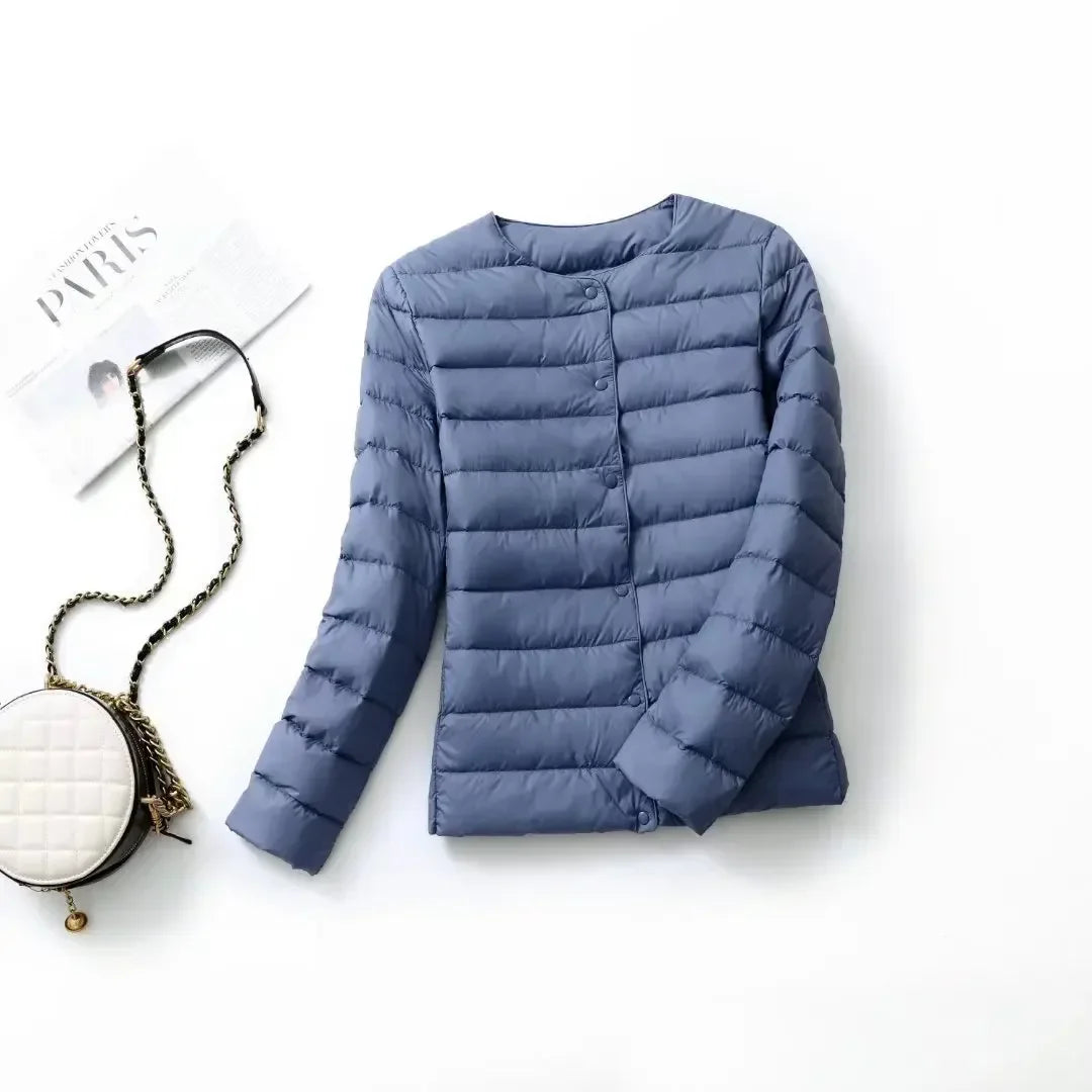New Female Light Down Coat Women Liner Duck Down Jacket O-neck Variable V-neck 2024 Fall Collarless Light Quilted Puffer Coat LadyShow.Store