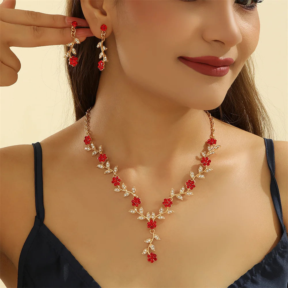 Sweet Jewelry Set Exquisite Rhinestone Pendant Banquet Party Women Fashion Romantic Crystal Necklace Earring Accessory Set Pi-Mart