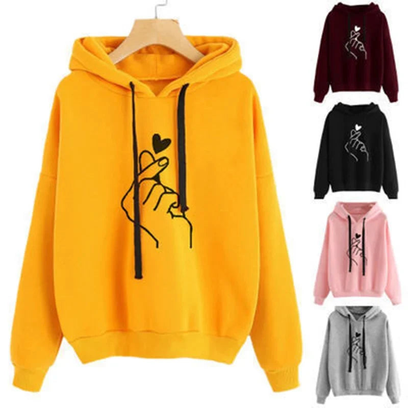 Autumn Fleece Hoodie Solid Color Finger Heart Hooded Korean Fashion Sweatshirts Long Sleeve Top Drawstring Pockets Loose Hoodies LadyShow.Store